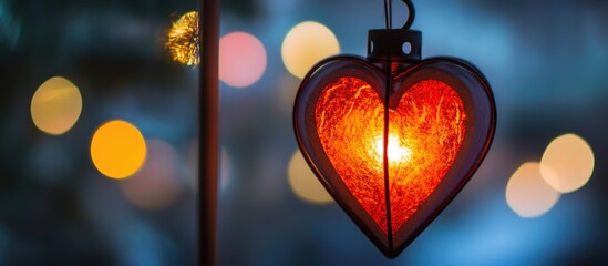 Poster - Heart-shaped red lantern glowing amidst a colorful bokeh background creating a warm and romantic atmosphere in the darkness.