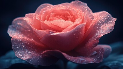 Poster - Elegant rose flower with dewdrops showcasing intricate petal textures in a moody atmosphere perfect for floral design concepts