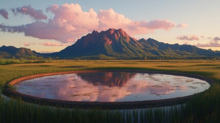 Wall Mural - Ripe rice field landscape with mountain reflection under soft sunset light in serene agricultural setting