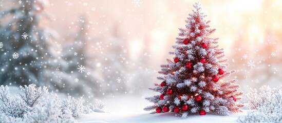 Aufkleber - Red Christmas tree adorned with white snowflakes surrounded by a serene winter landscape and falling snow in a picturesque snowy setting
