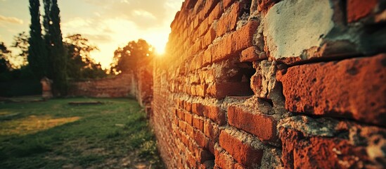 Poster - Red brick fortress wall illuminated by sunset with lush greenery in the background creating a warm and tranquil atmosphere.
