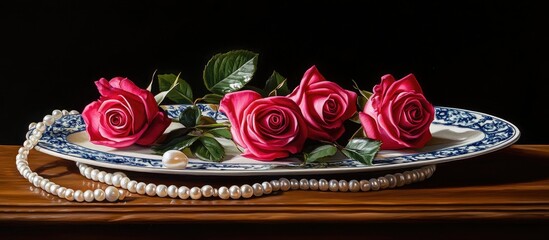 Aufkleber - Elegant pink roses adorned with pearls on a decorative plate against a dark background showcasing timeless beauty and sophistication.