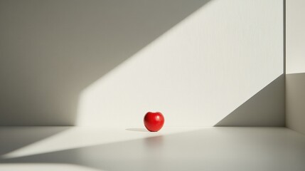 Poster - Minimalist red apple on white surface with dramatic shadows creating a modern and elegant composition for food and lifestyle themes