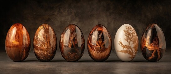 Aufkleber - Artisan crafted Easter eggs showcasing intricate varnish painting techniques and unique wooden textures in an elegant display.