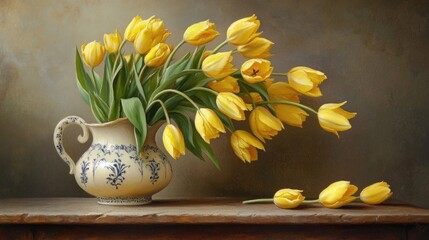 Wall Mural - blooming yellow tulips in elegant vase showcasing vibrant colors and rich textures on rustic wooden 