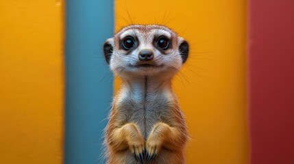 Meerkat displaying various poses against a colorful backdrop showcasing its curious and playful nature.