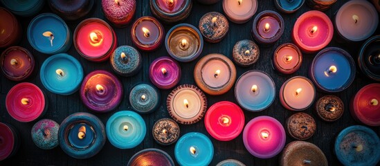 Fototapete - Colorful aromatic candles arranged artistically in a dark setting overhead flat lay creating a warm romantic ambiance