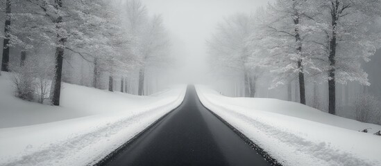 Aufkleber - Snowy road through a serene winter landscape with fog and snow-covered trees creating a peaceful and tranquil atmosphere.