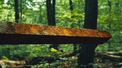 Poster - Rusty metal surface with manual sharpener whetstone set in a serene forest background showcasing natural greenery and tranquility