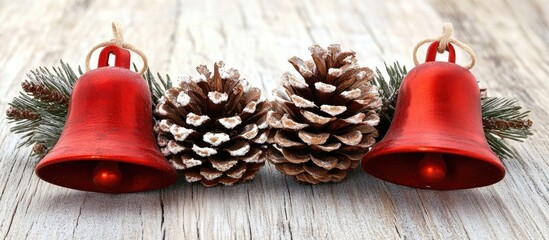 Aufkleber - Red Christmas bells with pine cones and green foliage arranged on a rustic wooden background for festive holiday decoration