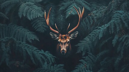 Poster - Majestic red deer blending into lush ferns in a tranquil forest setting showcasing nature's serene beauty and wildlife elegance.