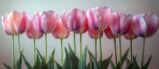 Leinwandbilder - Elegant arrangement of pink and purple tulips on a white background with space for text in an overhead perspective view.