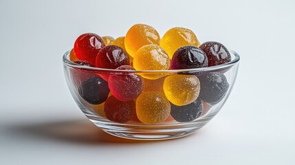 Wall Mural - Colorful gummy candies arranged in a glass bowl showcasing a variety of textures and hues against a clean white background