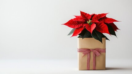 Poster - Poinsettia plant in a decorative pot with a ribbon featuring vibrant red leaves against a minimalistic white background for Christmas celebration.