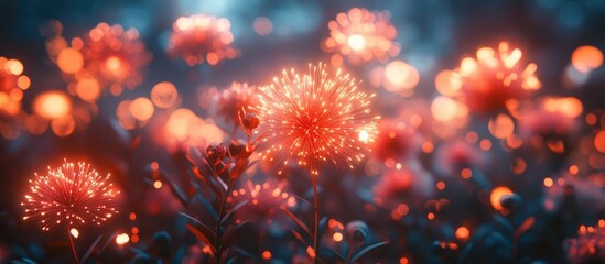 Leinwandbilder - Vibrant red fireworks illuminating the night sky during a festive anniversary and New Year celebration amidst a backdrop of glowing flowers.