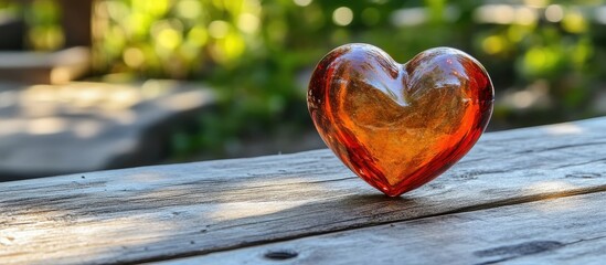 Aufkleber - Red glass heart sculpture elegantly displayed on a rustic wooden table with a blurred natural background
