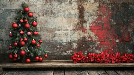 Poster - Rustic Christmas tree and festive decorations with red flowers on a weathered wooden shelf against a textured wall background