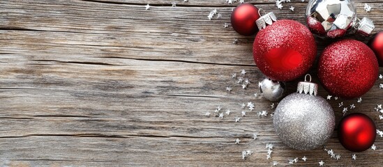 Poster - Red and silver holiday decorations on rustic wooden background with space for text festive seasonal theme celebration design