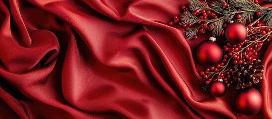 Aufkleber - Red satin ribbon backdrop adorned with Christmas baubles and festive greenery for holiday decor and design themes