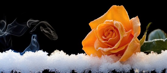 Aufkleber - Yellow rose surrounded by ice and snow with a black background creating a striking contrast and ethereal atmosphere.