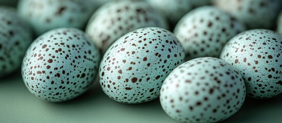 Aufkleber - Decorative quail eggs with speckled patterns arranged on a smooth green surface showcasing their unique texture and color harmony