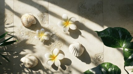 Aufkleber - Stylish branding mockup featuring natural elements like shells and flowers against a light background with soft shadows for creative design showcase