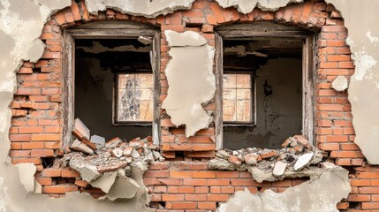 Poster - Weathered brick wall with shattered windows showcasing the decay and charm of an abandoned structure in urban decay.