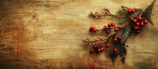 Aufkleber - Festive red Christmas decorations with fir branches on rustic wooden background creating a warm holiday atmosphere.