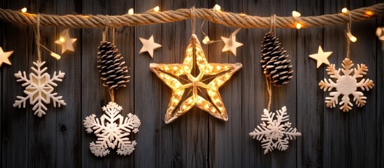 Poster - Rope decorated with snowflakes and glowing star surrounded by pine cones on a rustic wooden background for festive holiday themes