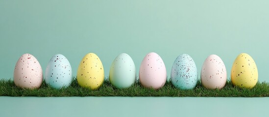 Fototapete - Colorful Easter eggs arranged on a grassy surface against a pastel background for festive spring celebrations and seasonal decoration themes.