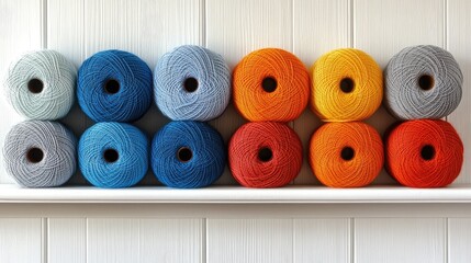 Poster - Colorful yarn reels neatly arranged on a white wooden shelf showcasing various shades for crafting and design purposes