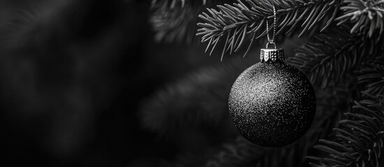 Aufkleber - Elegant silver ornament hanging from a decorated Christmas tree in a serene black and white setting with selective focus on the ornament.