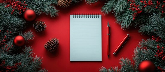 Aufkleber - Red notepad and pen on a festive red table surrounded by fir branches and holiday decorations creating a cozy winter atmosphere