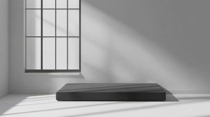 Poster - Minimalist bedroom setup featuring a mattress by a sunny window in a bright, airy room with a clean white background. Ideal for modern decor.