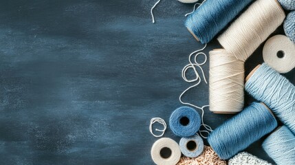 Poster - Knitting threads in various shades arranged artistically with knitted textures on a dark teal background for crafting and textile design inspiration
