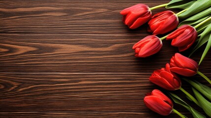 Aufkleber - Red tulips beautifully arranged on a wooden table with blank space ideal for spring themed decorations or advertisements.