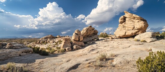 Poster - Rock formations under dramatic clouds in a vibrant landscape with natural vegetation on a sunny day