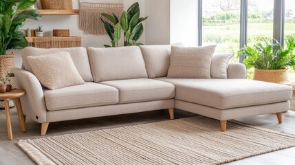 Aufkleber - Scandinavian living room interior featuring a cozy fabric sofa, stylish coffee table, and natural decor accents.