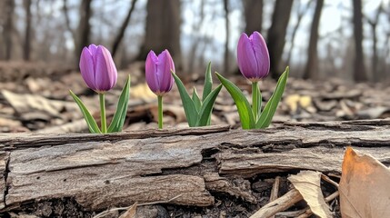 Poster - Purple tulips emerging from a rustic log in a serene spring forest setting amidst fallen leaves and soft natural light