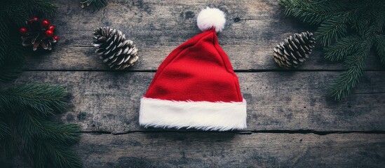 Poster - Christmas Santa hat surrounded by pine cones and festive greenery on a rustic wooden surface perfect for seasonal decorations.