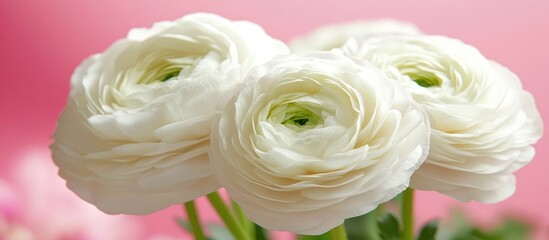 Aufkleber - Elegant close-up of white Ranunculus flowers on a soft pink background showcasing delicate petals and natural beauty.