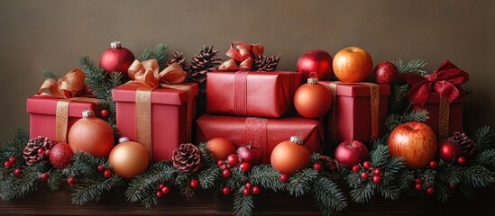 Poster - Festive red gifts and ornaments arranged with pinecones and greenery for a classic holiday decoration scene