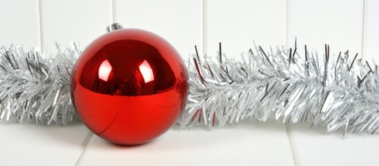 Aufkleber - Red Christmas ornament on silver tinsel garland creating a festive holiday display on a white wooden surface for seasonal decor themes