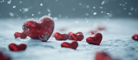 Aufkleber - Snowy scene with reflective red hearts scattered on white snow creating a romantic and tranquil winter atmosphere.