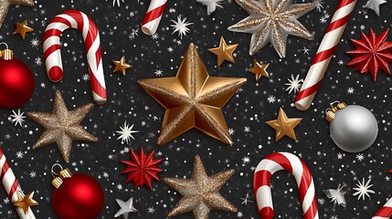 Wall Mural - a clean seamless festive background featuring candy canes bronze stars and bright red and silver dec