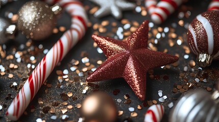Wall Mural - a clean seamless festive background featuring candy canes bronze stars and bright red and silver dec