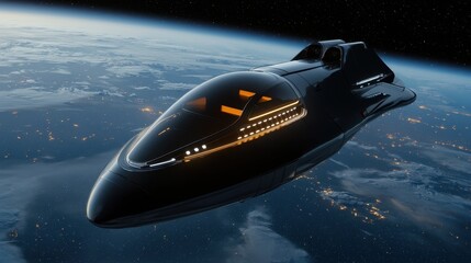 Wall Mural - a black space ship is flying through the sky
