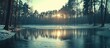 © -Quantum Pixels- - Serene winter landscape reflecting sunlight over a frozen lake surrounded by pine trees and a tranquil setting