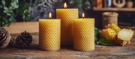 Aufkleber - Handcrafted natural beeswax candles on wooden table with pine cones and honeycomb ideal for unique gifts and traditional decor