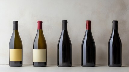 Poster - empty wine bottles with blank labels arranged on a neutral background for product display or creative design use